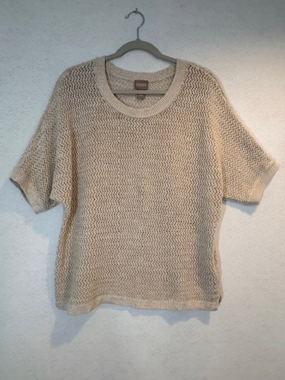 Chico’s Womens Beige White Short Sleeve Open Knit Pullover Crewneck L Sweater